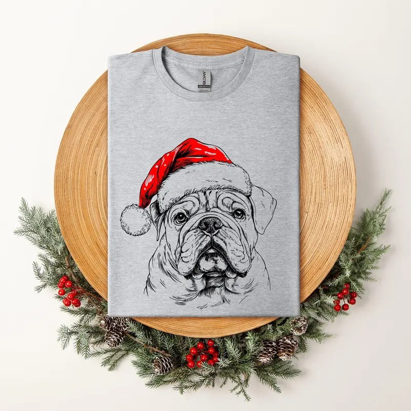 English Bulldog, Santa, Dog, Christmas, Dog Lover, Pet T-Shirt, Soft Style Tee, Women's Graphic Tshirt Hoodie, Sweatshirt