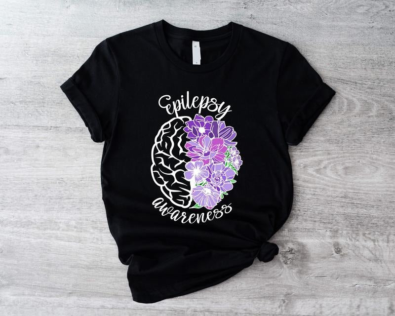 Epilepsy Awareness T-shirt, Floral Brain Epilepsy Survivor Shirt, Motivational Tee, Purple Ribbon Short Sleeve,...