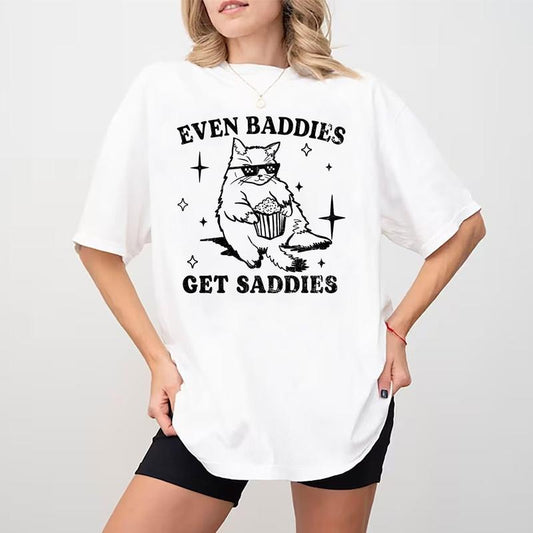 Even Baddies Get Saddies Shirt, Mental Health T-shirt, Funny Cat Meme Graphic Printed Tee, Cotton Fabric Relaxed Fit Chic...