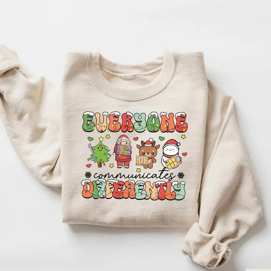 Everyone Communicate Differently Shirt, SLP Christmas T-shirt, Christmas Gifts For Speech Therapist, Autism Awareness...
