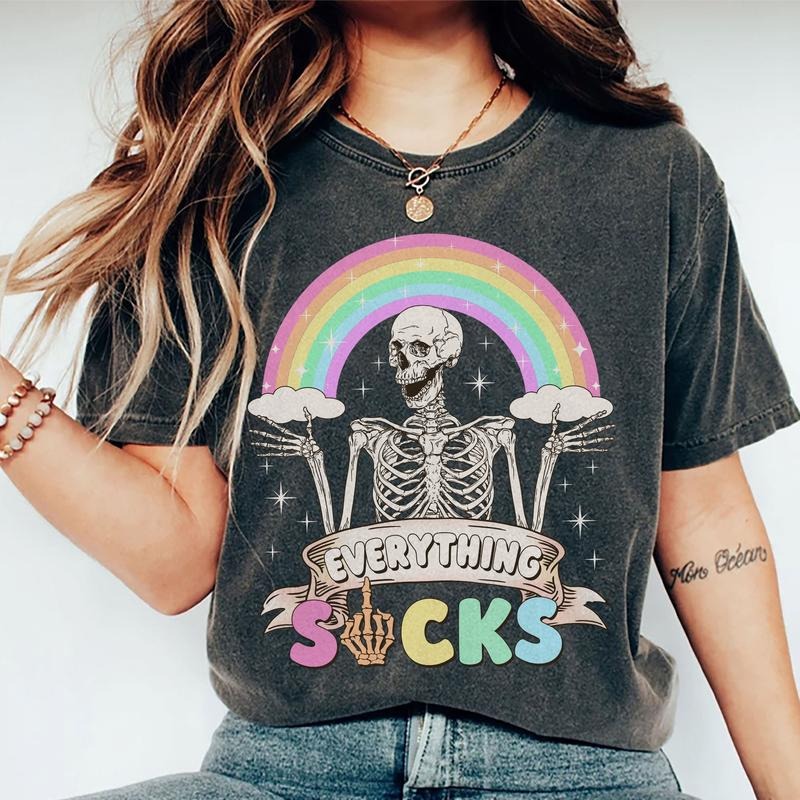 Everything Is Fine Sarcastic Shirt, Funny Mental Health Tee, Snarky Skeleton Unhinged Shirt, Adult Humor Unisex Comfy...