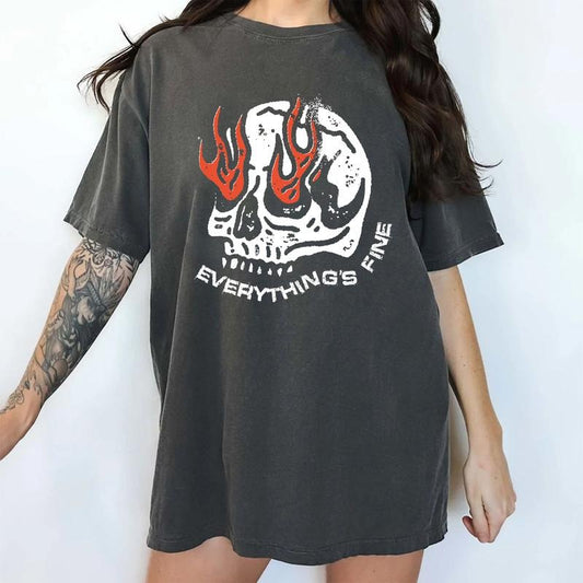 Everything Is Fine Skull Shirt, Fire Skull Tee, Rock n Roll Grunge Style, Funny Halloween Shirt, Gothic Skull Shirt,...