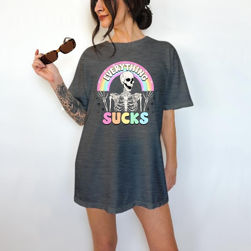 Everything Sucks - T-Shirt, Happy Skeleton, Bright Graphic, Funny Apparel Hoodie, Sweatshirt | WearSparks.com
