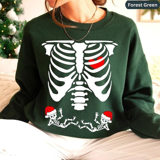 Expecting Twins Sweater, Baby Skeleton Shirt, Christmas Pregnancy Reveal Sweatshirts, Maternity Baby Announcement Shirts,...