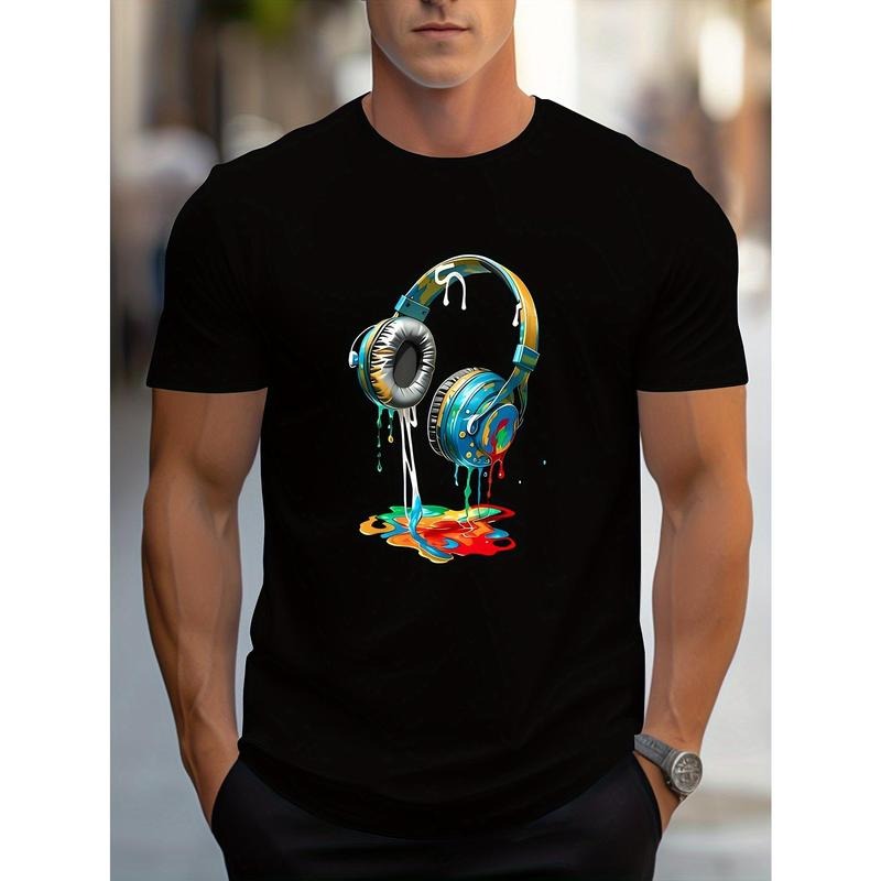 Eye-Catching Cartoon Earphone Print T-Shirt for Men - Crew Neck, Slightly Elastic, Summer and Autumn Wear