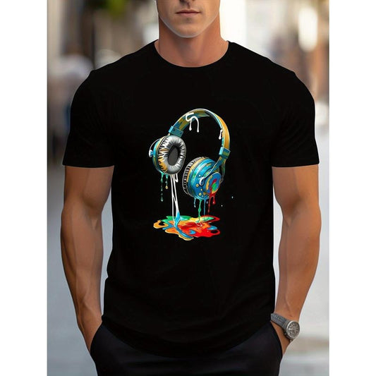 Eye-Catching Cartoon Earphone Print T-Shirt for Men - Crew Neck, Slightly Elastic, Summer and Autumn Wear