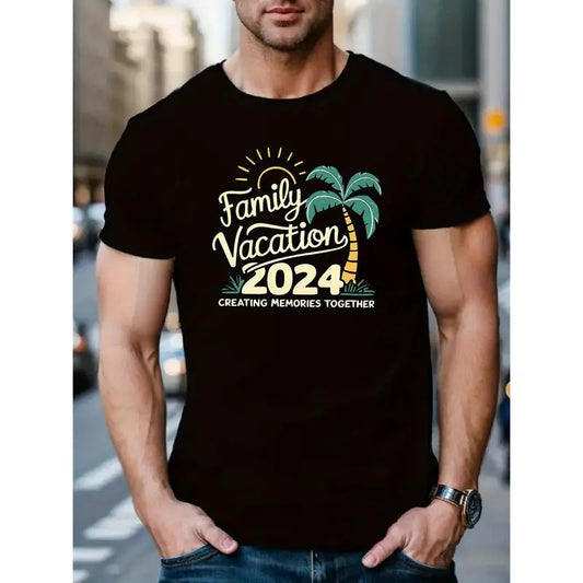 FAMILY VACATION 2024 Print, Men's Crew Neck Short Sleeve Summer T-shirt, Casual Comfy Top For Daily Wear MADE IN USA...