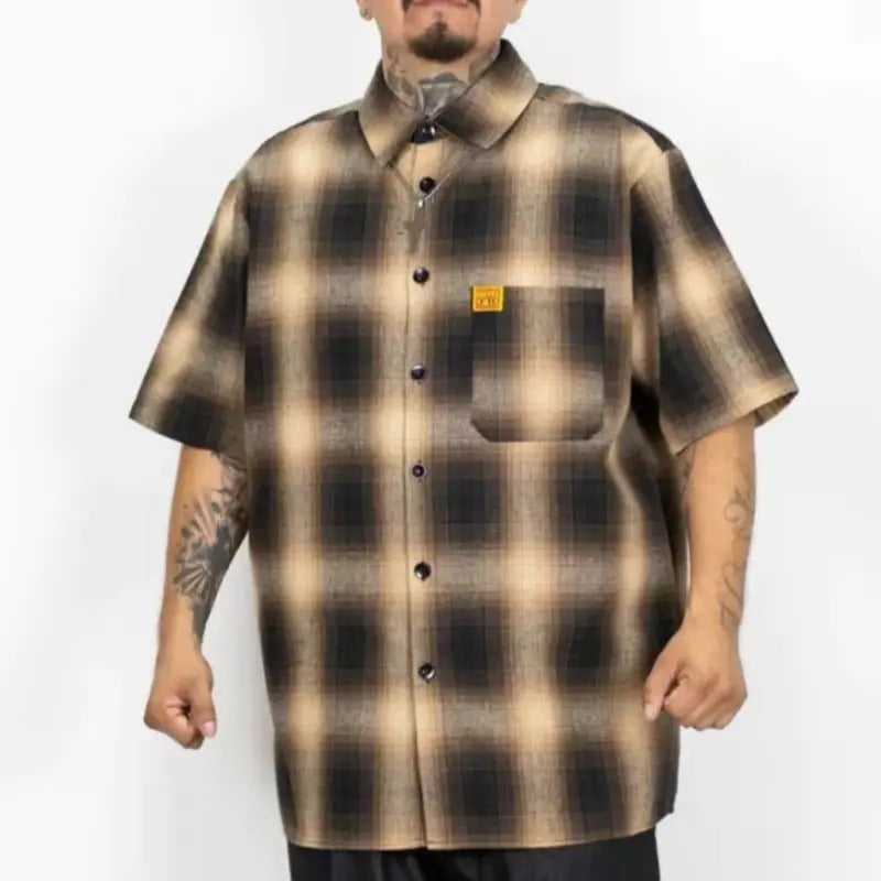 FB County Men's Checker Short Sleeve Shirt with Pocket - Hip Hop Style Casual Collared Button Up Loose Fit