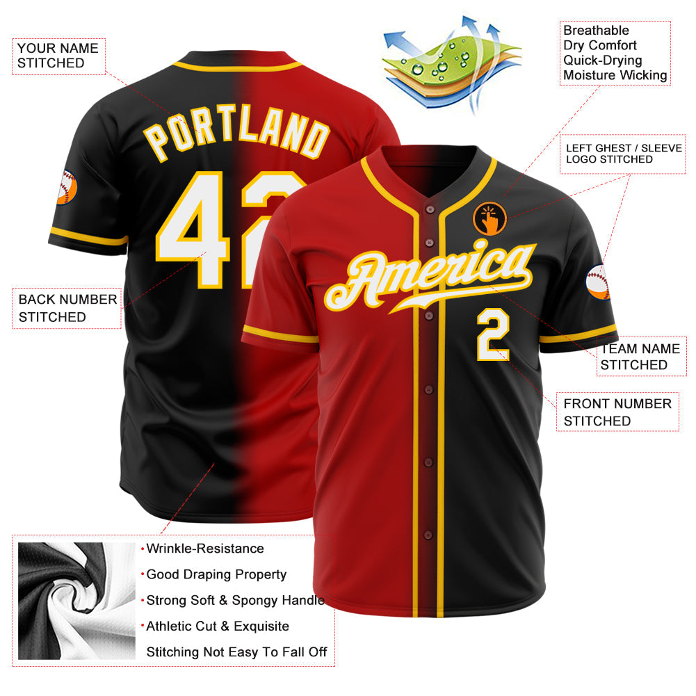 Custom Black White Red-Gold Authentic Gradient Fashion Baseball Jersey T-Shirts, Hoodie, Sweatshirt (Image 2)