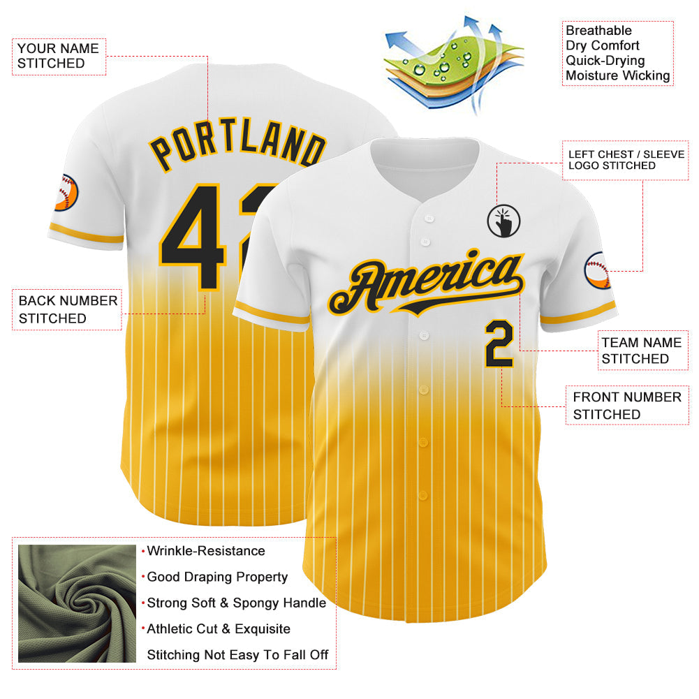 Custom White Pinstripe Black-Gold Authentic Fade Fashion Baseball Jersey