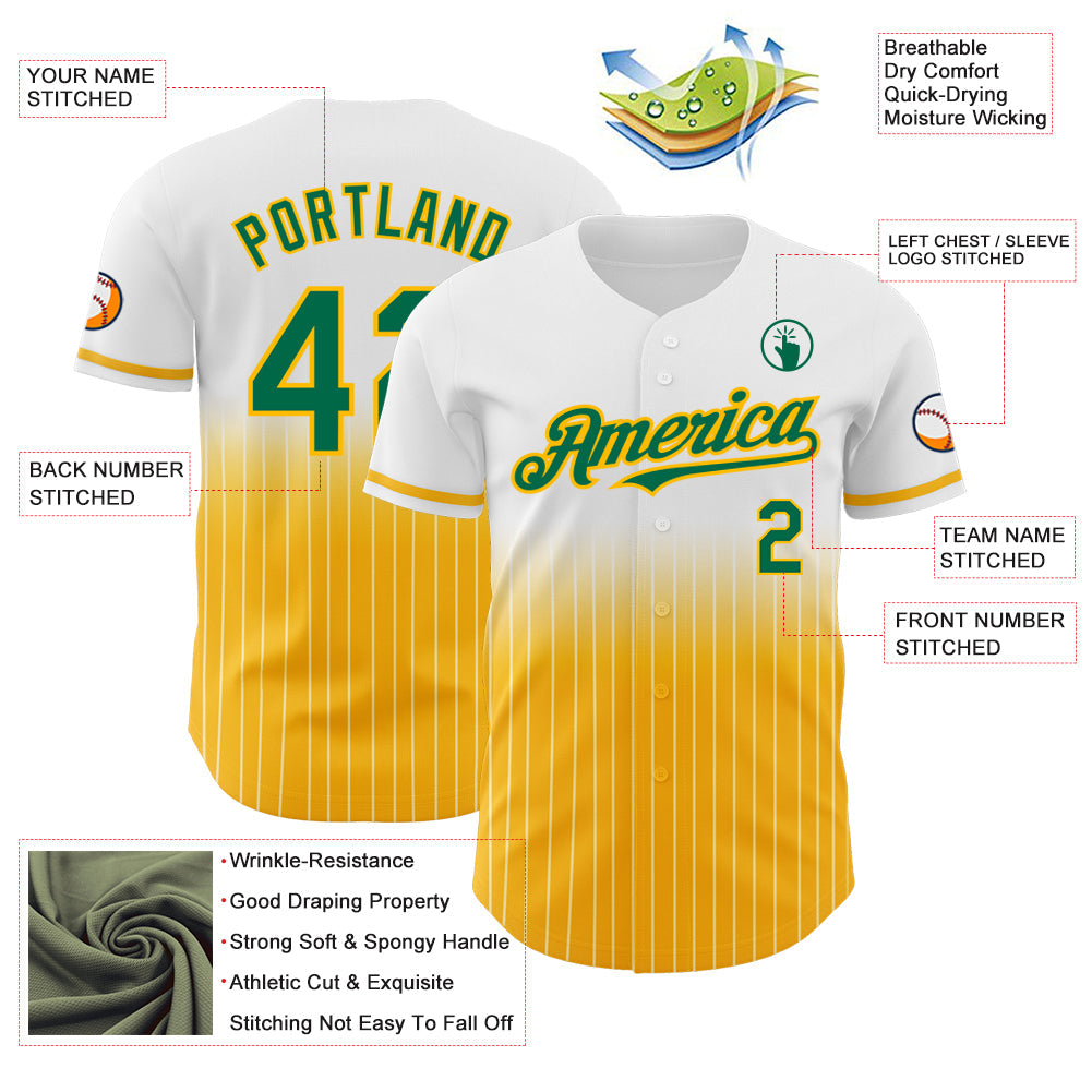 Custom White Pinstripe Kelly Green-Gold Authentic Fade Fashion Baseball Jersey