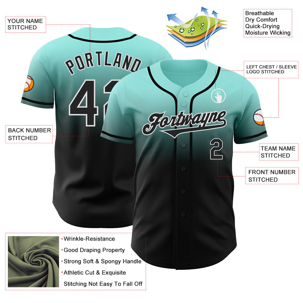 Custom Ice Blue Black-White Authentic Fade Fashion Baseball Jersey