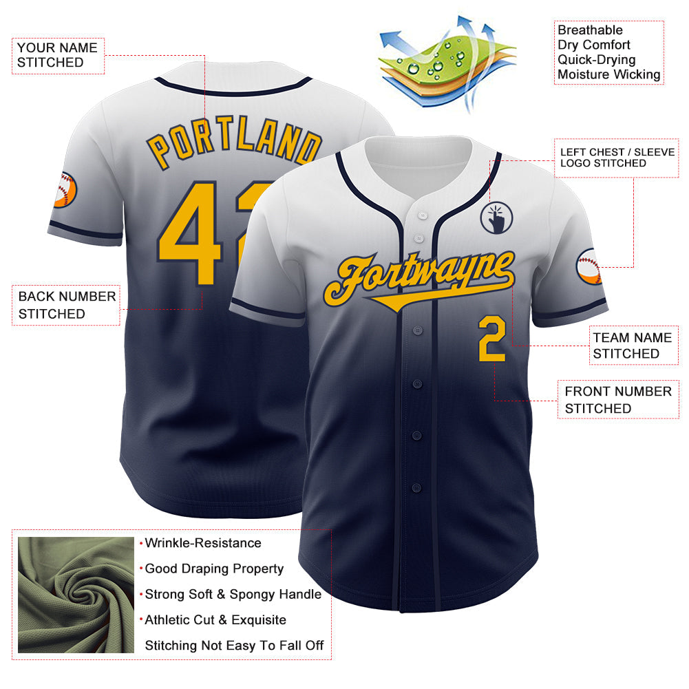 Custom White Gold-Navy Authentic Fade Fashion Baseball Jersey
