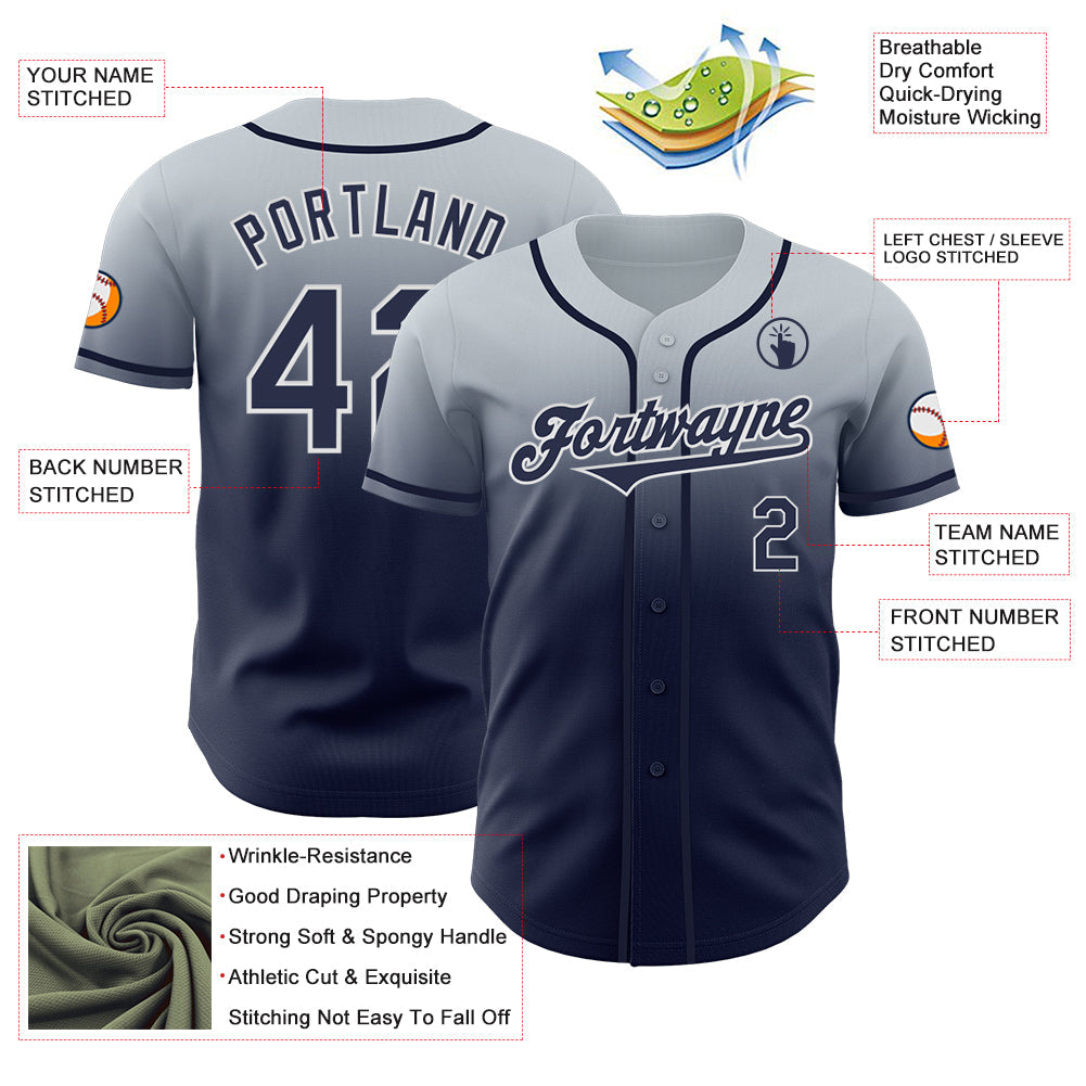 Custom Silver Navy-White Authentic Fade Fashion Baseball Jersey