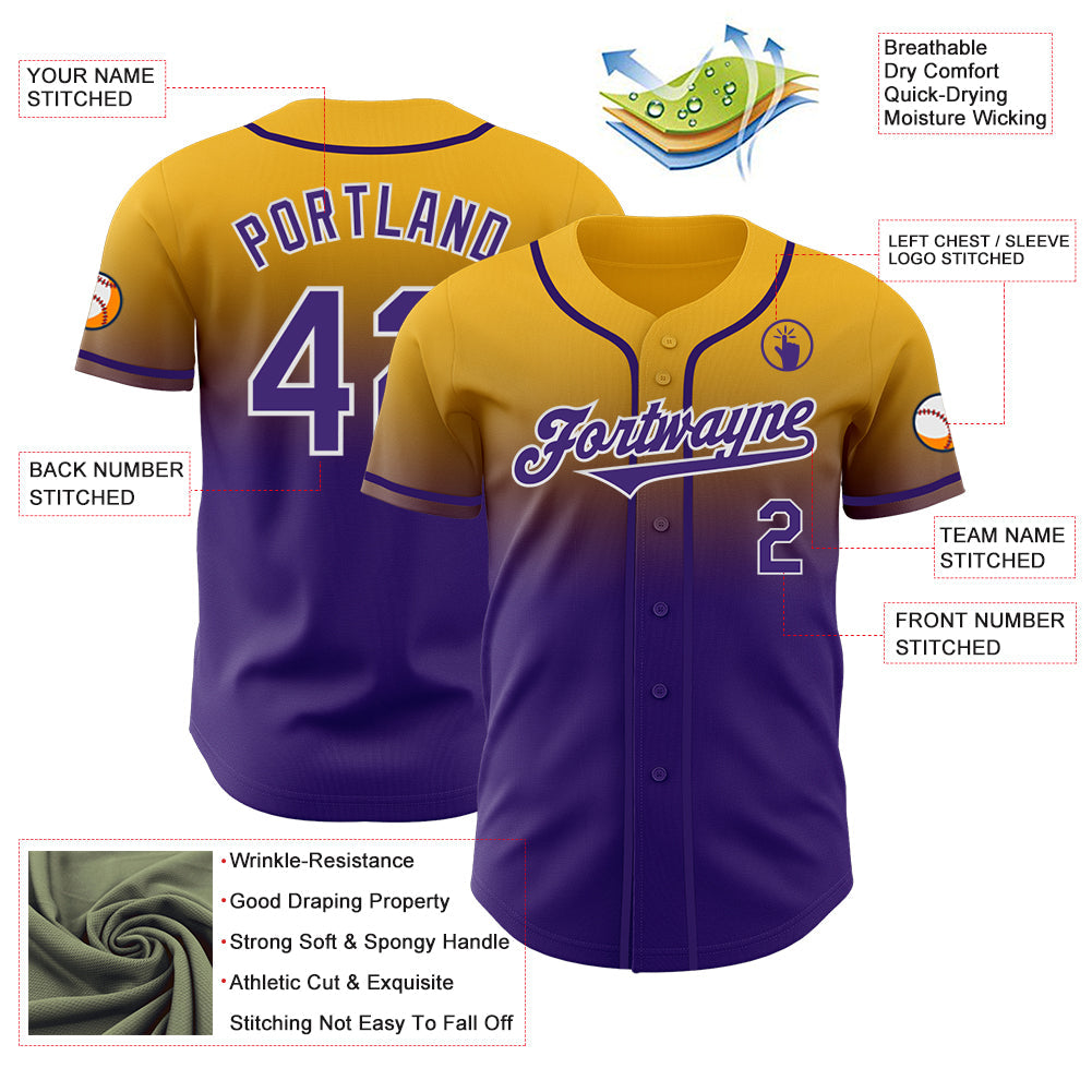 Custom Gold Purple-White Authentic Fade Fashion Baseball Jersey T-Shirts, Hoodie, Sweatshirt | WearSparks.com (Image 3)