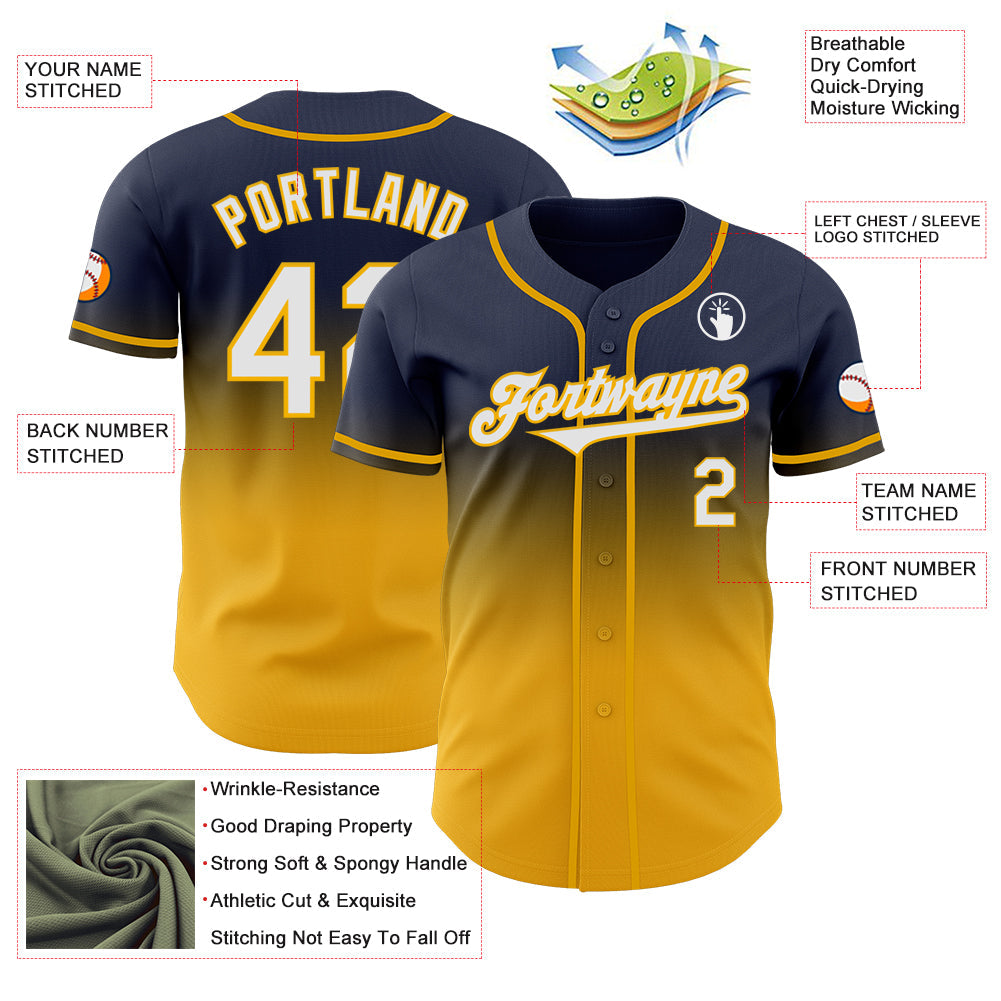 Custom Navy White-Gold Authentic Fade Fashion Baseball Jersey