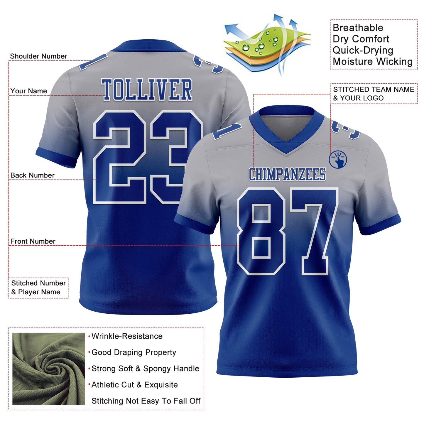 Custom Gray Royal-White Authentic Fade Fashion Football Jersey T-Shirts, Hoodie, Sweatshirt | WearSparks.com (Image 2)