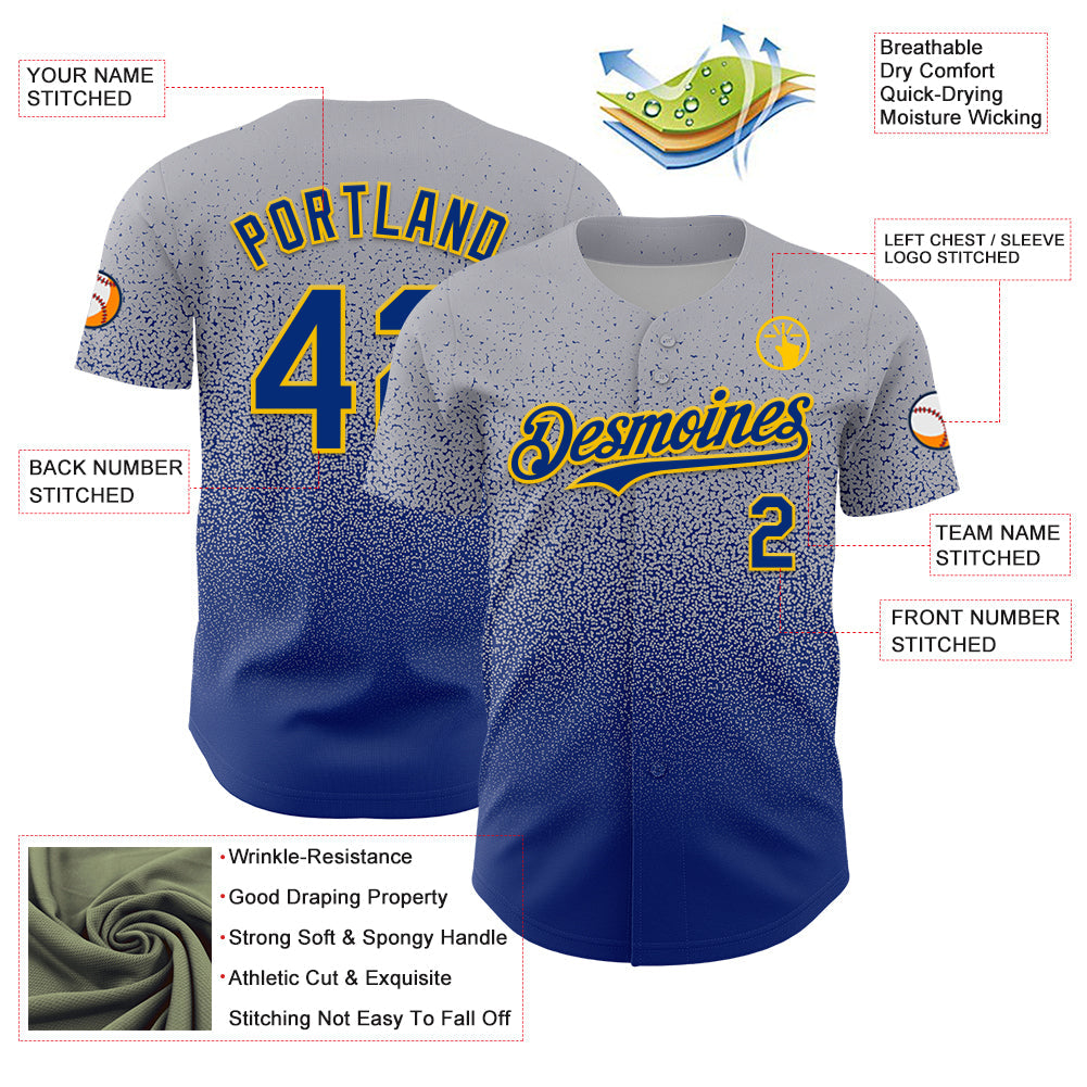 Custom Gray Royal-Gold Fade Fashion Speckle Authentic Baseball Jersey