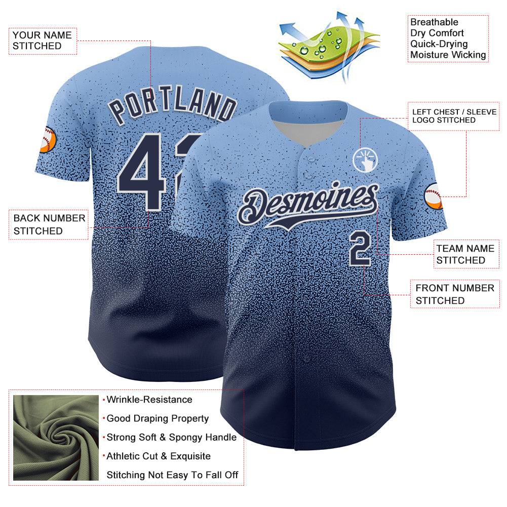 Custom Light Blue Navy-White Fade Fashion Speckle Authentic Baseball Jersey