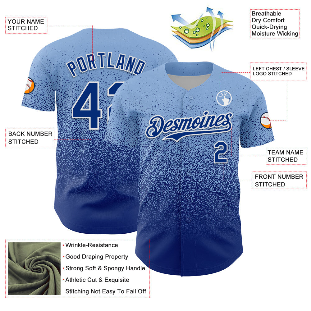 Custom Light Blue Royal-White Fade Fashion Speckle Authentic Baseball Jersey