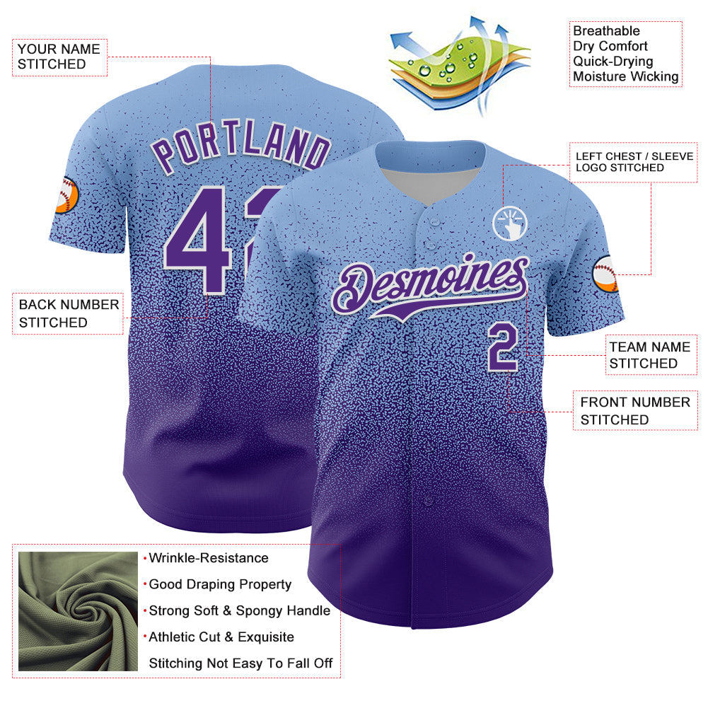Custom Light Blue Purple-White Fade Fashion Speckle Authentic Baseball Jersey