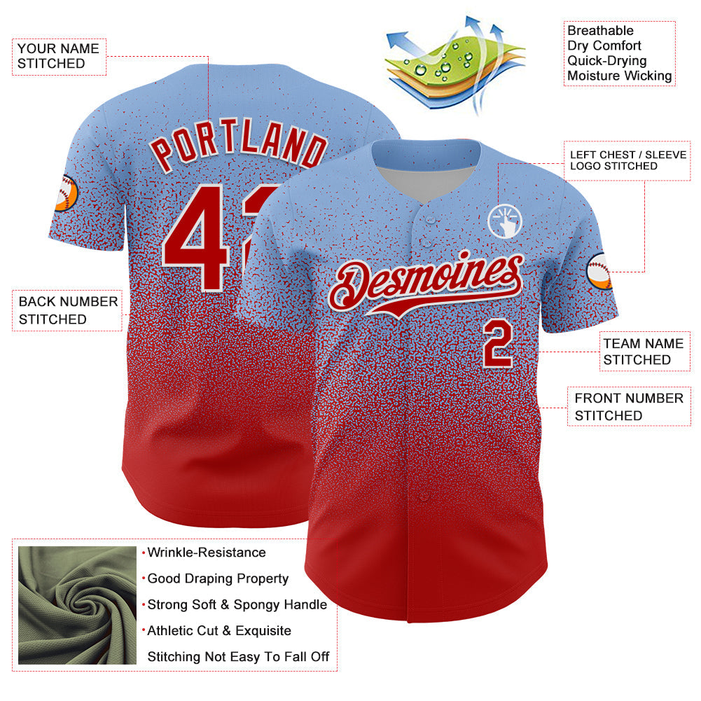 Custom Light Blue Red-White Fade Fashion Speckle Authentic Baseball Jersey