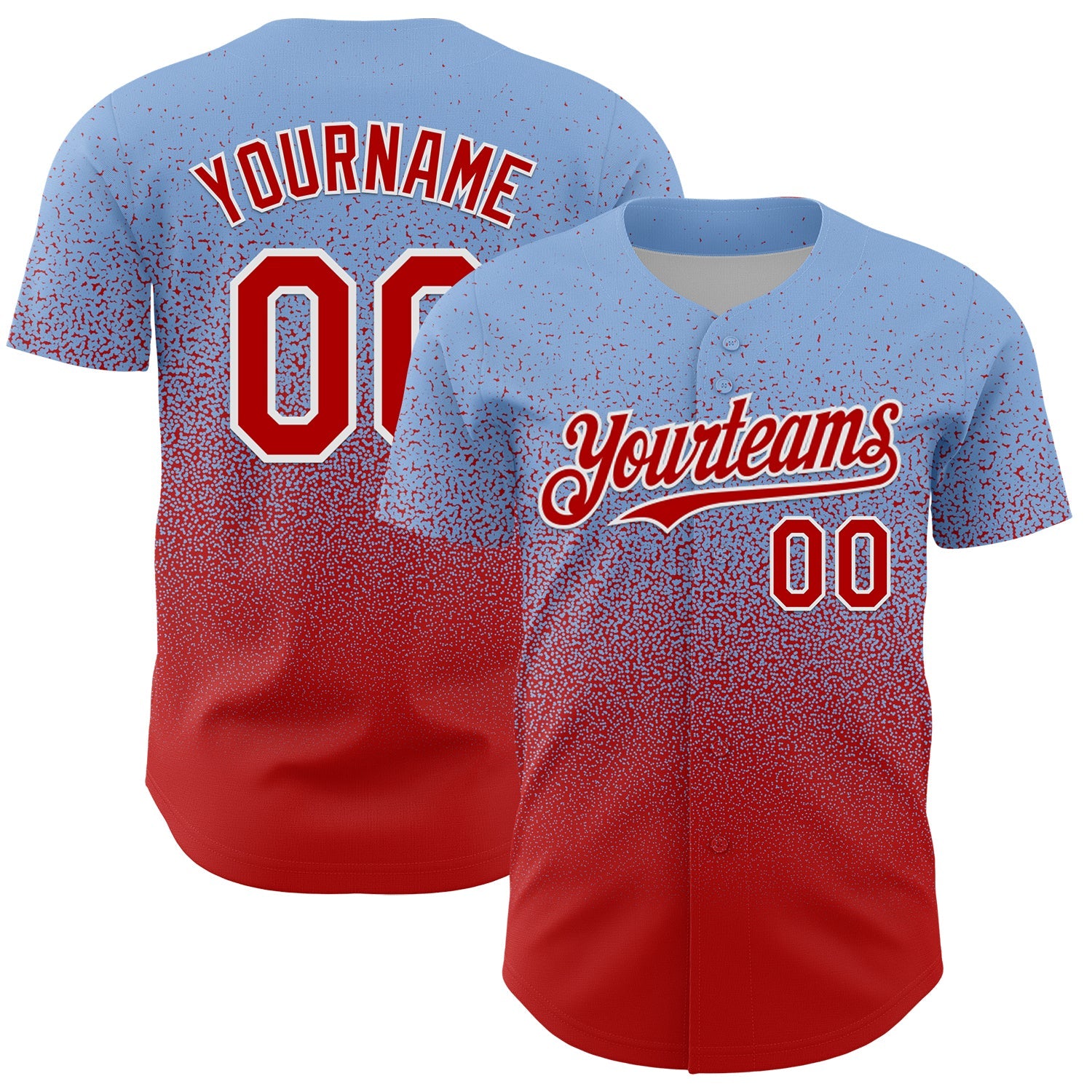 Custom Light Blue Red-White Fade Fashion Speckle Authentic Baseball Jersey