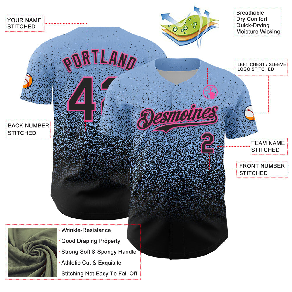 Custom Light Blue Black-Pink Fade Fashion Speckle Authentic Baseball Jersey