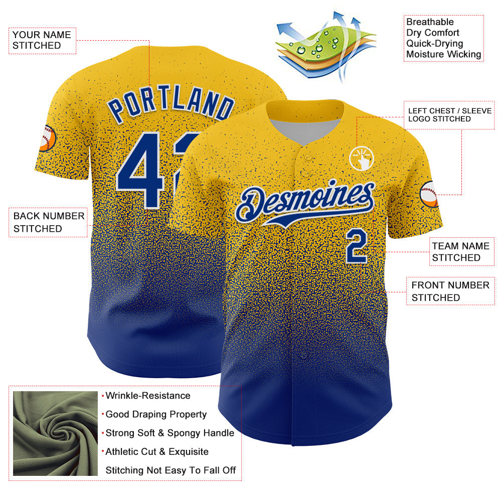 Custom Yellow Royal-White Fade Fashion Speckle Authentic Baseball Jersey