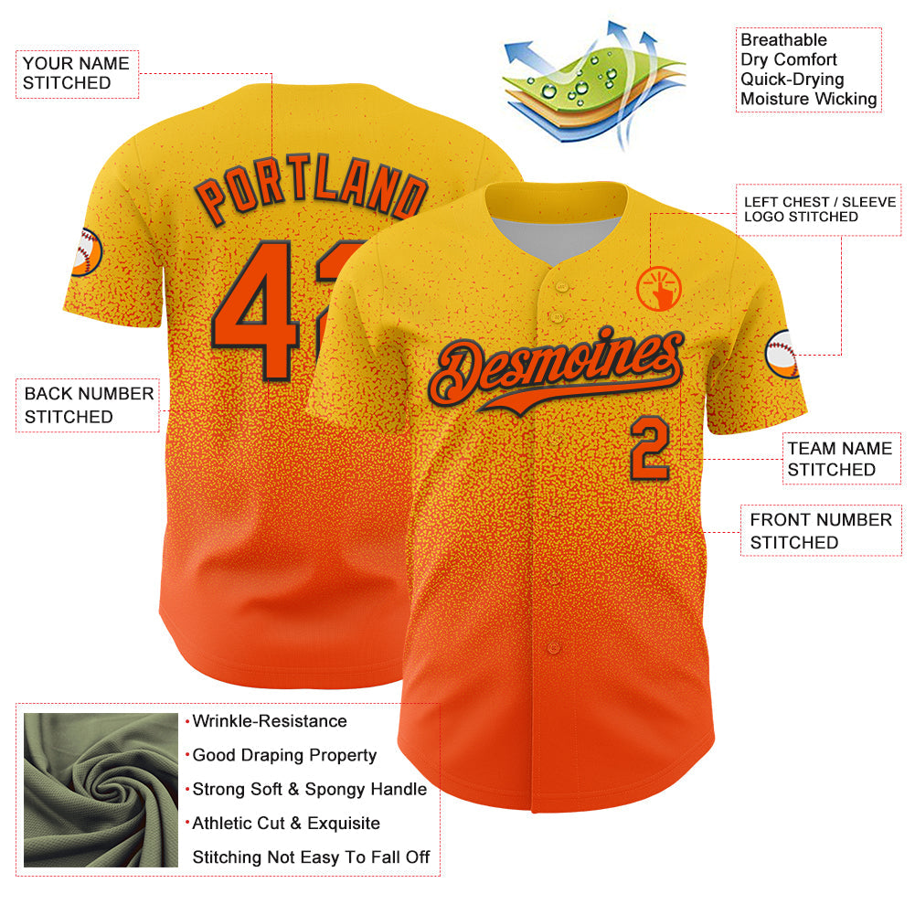 Custom Yellow Orange-Black Fade Fashion Speckle Authentic Baseball Jersey