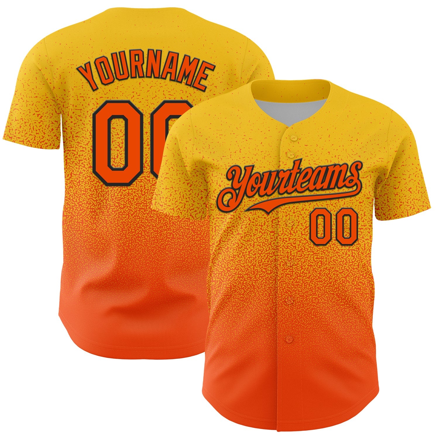 Custom Yellow Orange-Black Fade Fashion Speckle Authentic Baseball Jersey