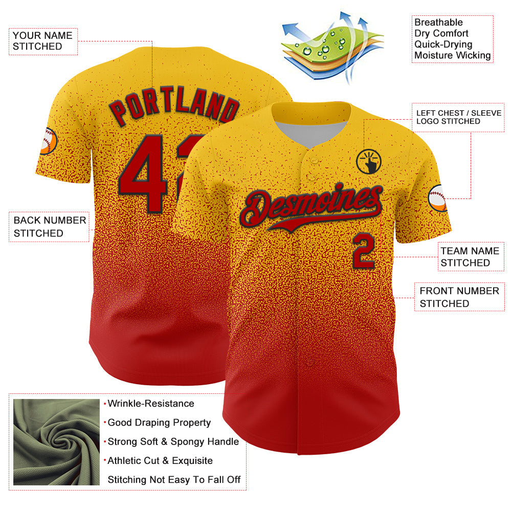 Custom Yellow Red-Black Fade Fashion Speckle Authentic Baseball Jersey