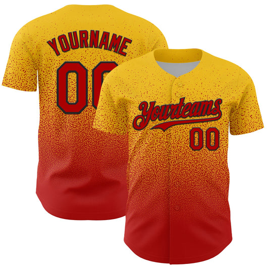 Custom Yellow Red-Black Fade Fashion Speckle Authentic Baseball Jersey