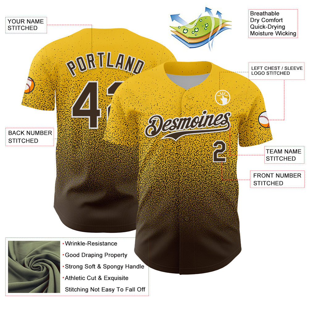 Custom Yellow Brown-White Fade Fashion Speckle Authentic Baseball Jersey