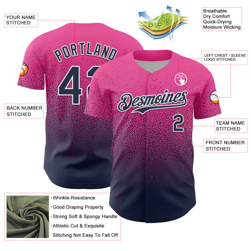 Custom Pink Navy-White Fade Fashion Speckle Authentic Baseball Jersey
