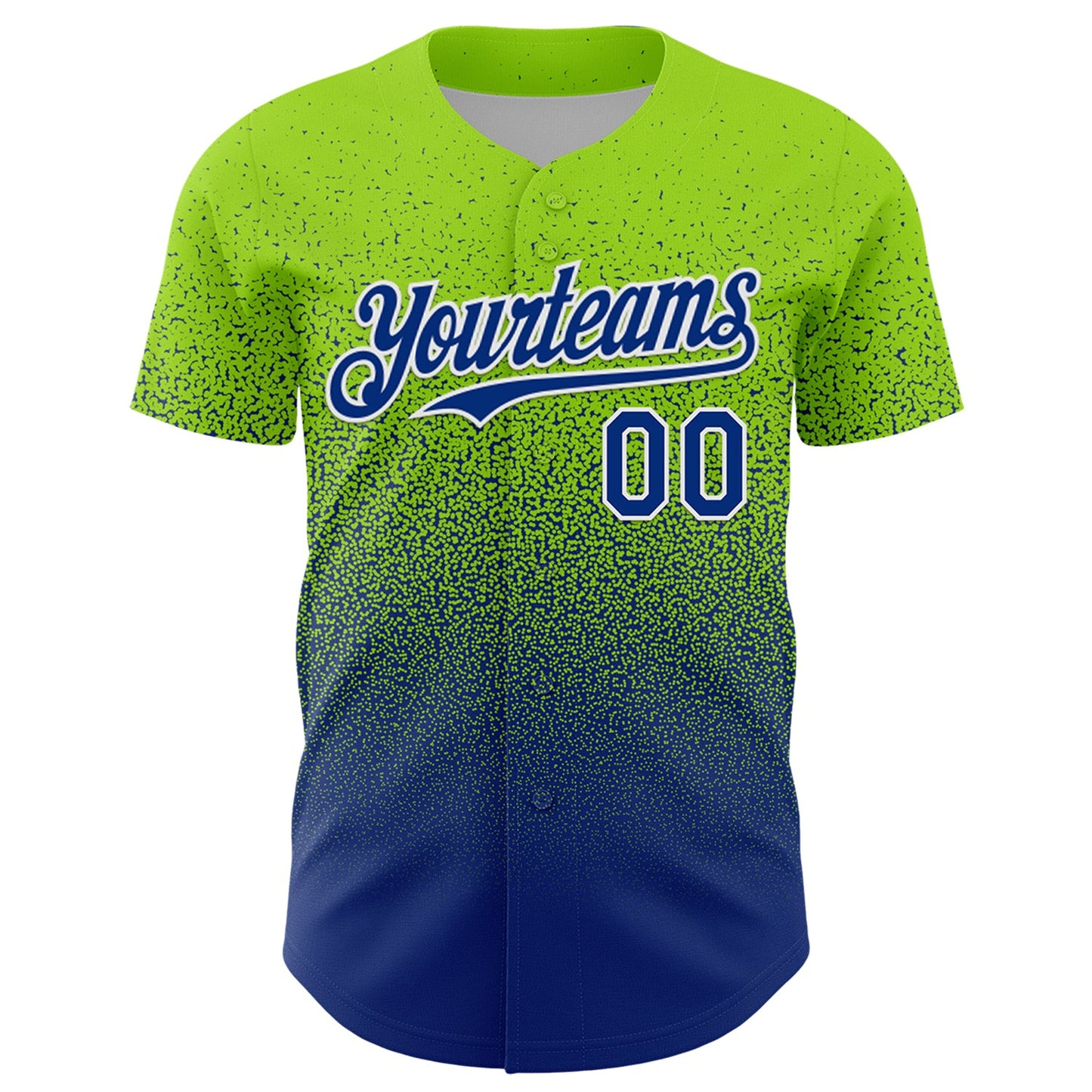 Custom Neon Green Royal-White Fade Fashion Speckle Authentic Baseball Jersey