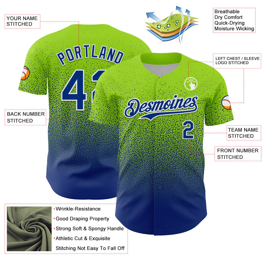 Custom Neon Green Royal-White Fade Fashion Speckle Authentic Baseball Jersey