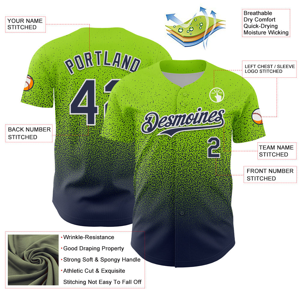 Custom Neon Green Navy-White Fade Fashion Speckle Authentic Baseball Jersey