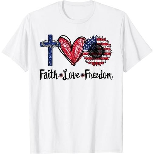 Faith Love Freedom Sunflower Jesus American Flag 4th of July T-Shirt Made in USA Hoodie, Sweatshirt | WearSparks.com