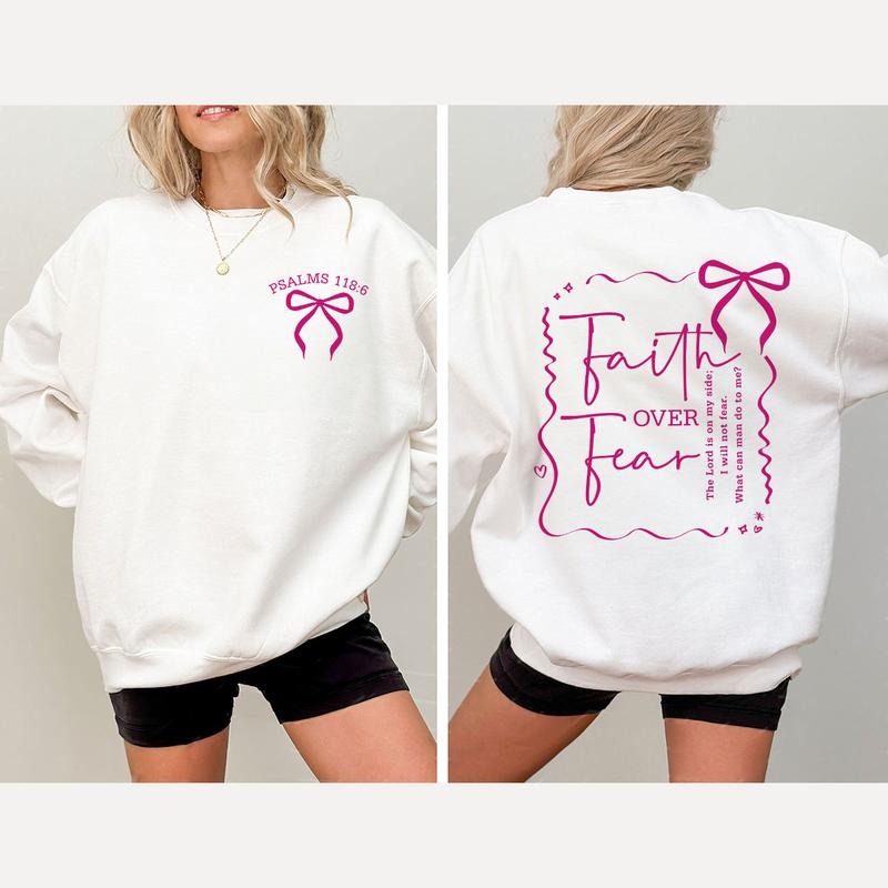 Faith Over Fear Christian Shirt, Psalms 118:6 Bible Verse Tee, Pink Bow Faith Sweatshirt for Women, Inspirational...