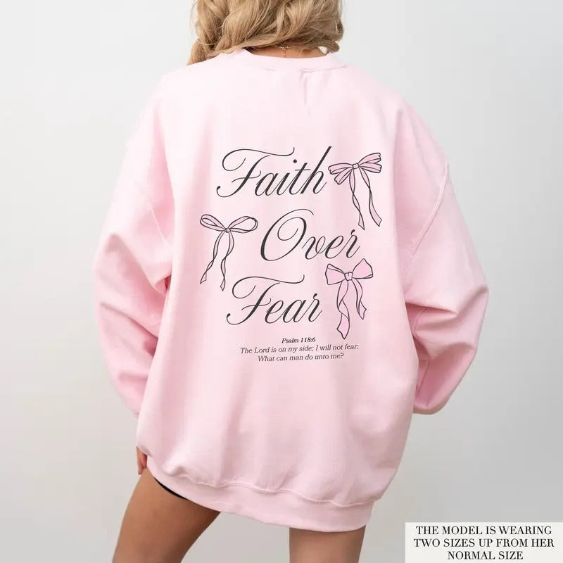 Faith Over Fear Christian Sweatshirt Coquette Christian Bow Sweatshirt Pink Christian Crewneck Bible Verse Sweatshirt...