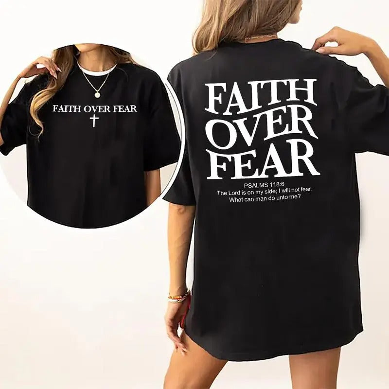 Faith Over Fear Shirt, Christian Tee, Jesus Double Sided Graphic Printed Short Sleeve Tee Shirt, Unisex Cotton Fabric...