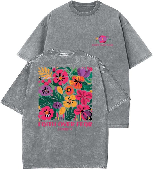 Faith Over Fear Unisex Washed T-Shirt, Christian t shirts, Vintage 90s Graphic Tee, Gift Top Womenswear...