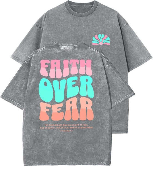 Faith Over Fear Unisex Washed T-Shirt, Christian t shirts, Vintage 90s Graphic Tee, Gift Top Womenswear...