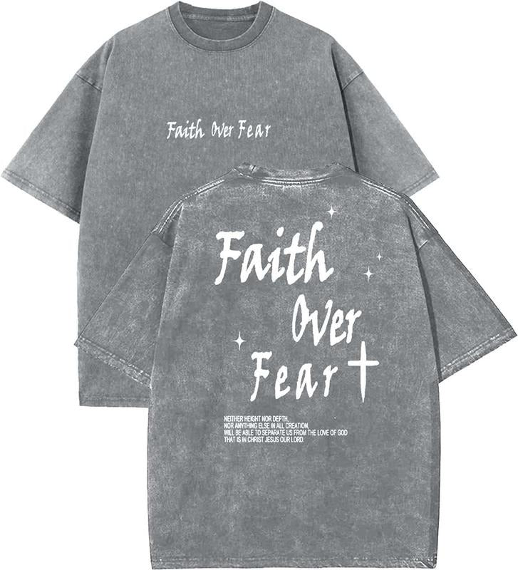Faith Over Fear Unisex Washed T-Shirt, Christian t shirts, Vintage 90s Graphic Tee, Gift Top Womenswear...