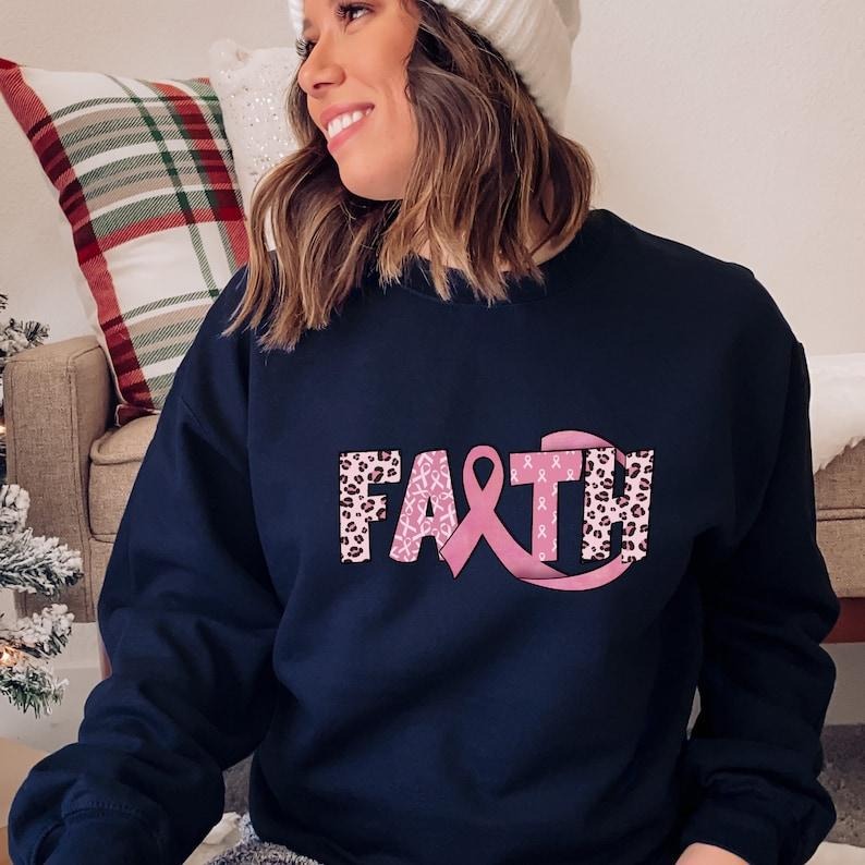 Faith Ribbon Breast Cancer Sweatshirt, Cancer Leopard Sweater, Breast Cancer Awareness Sweat, Cancer Warrior  T-shirt,...