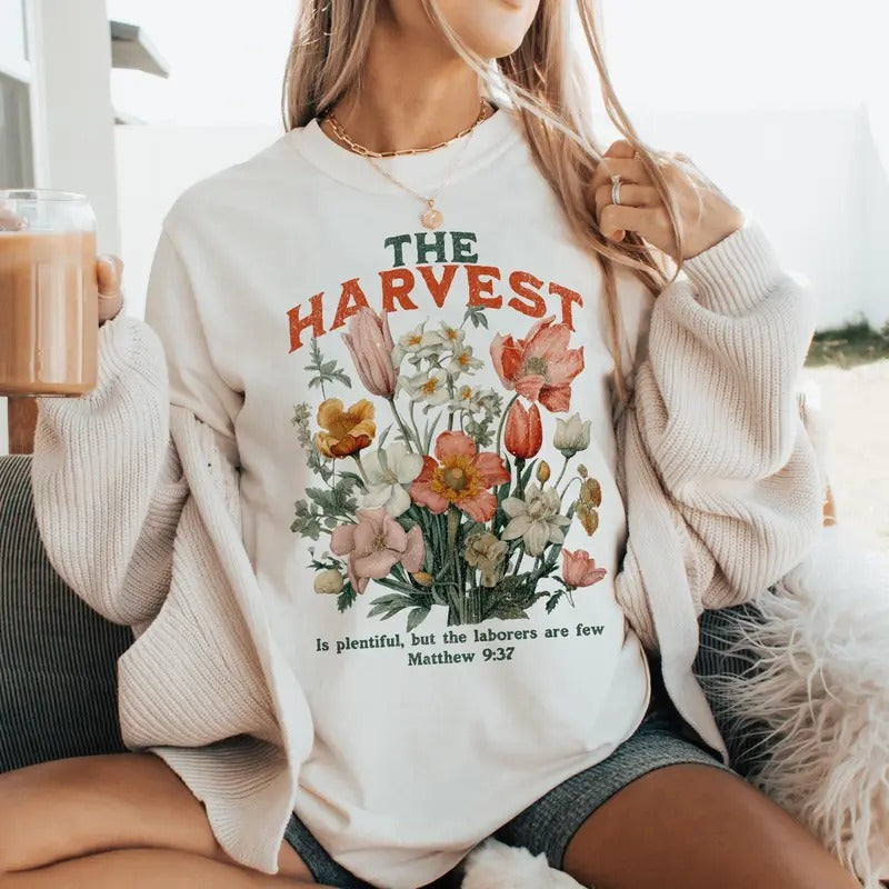 Fall Christian T-Shirt, The Harvest Is Plenty & Workers Are Few Sweatshirt, Grateful Christian Retro Scripture Sweater,...