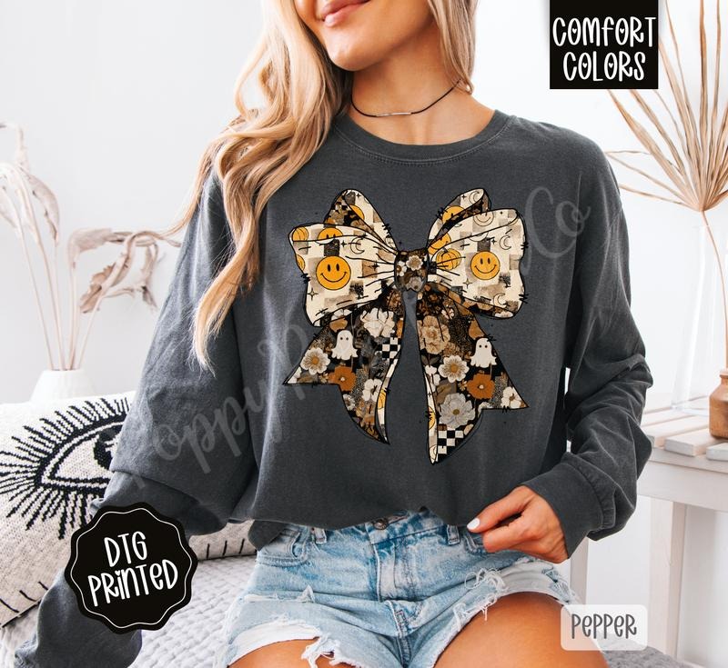 Fall Collage Bow Long Sleeve TShirt, Trendy Women's Autumn Tee Hoodie, Sweatshirt | WearSparks.com