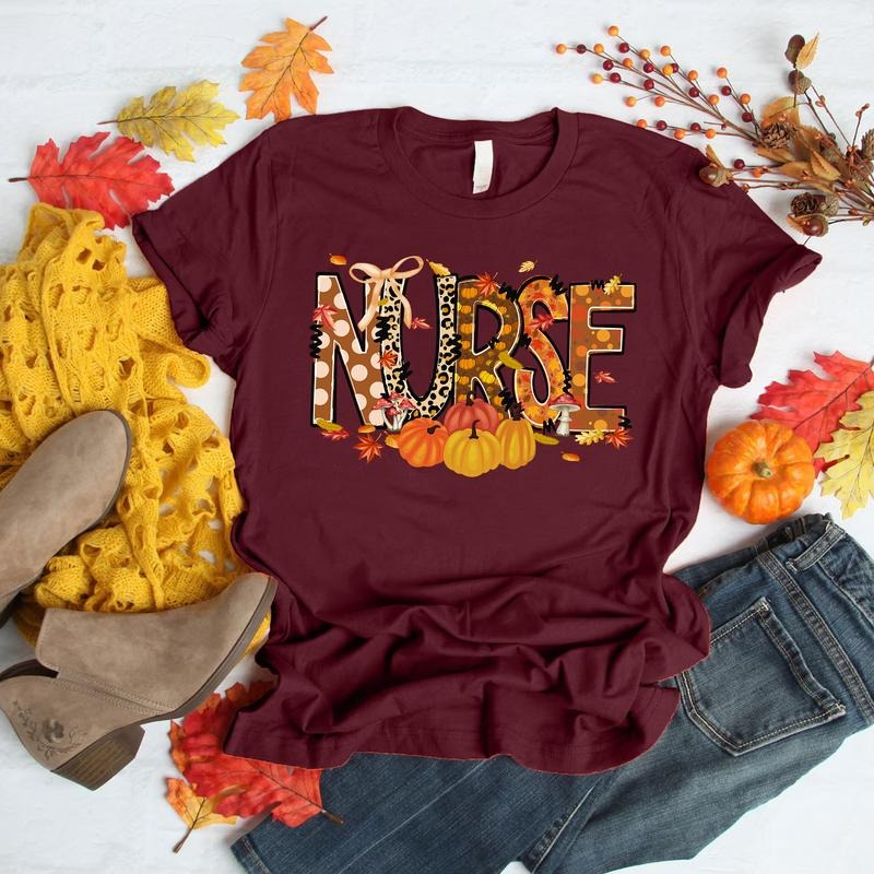 Fall Nurse T-Shirt Cute Autumn Pumpkin Shirt for Nurses Unisex Cotton Tee Seasonal Healthcare Apparel with Leopard Print...