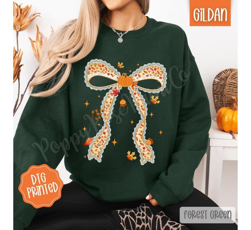 Fall Pumpkin Bow Sweatshirt, Trendy Coquette Autumn Crewneck T-Shirts, Hoodie | WearSparks.com